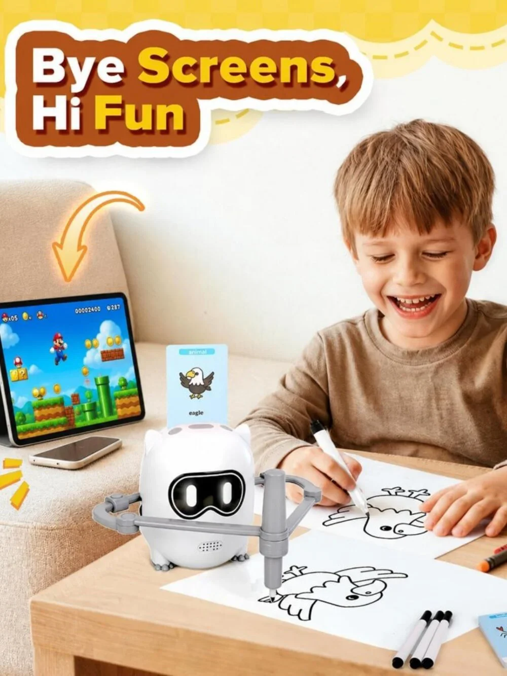 Interactive Drawing Robot Toy for Kids 3-8, 200 Cards, Educational Art Machine